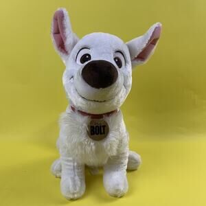 14” DISNEY MOVIE BOLT THE DOG WHITE SITTING STUFFED ANIMAL PLUSH DOLL